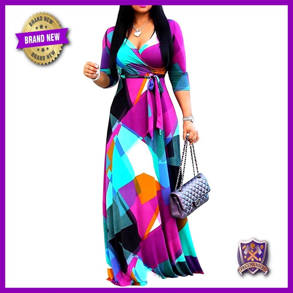 Plus Size Maxi Dress V-Neck 3/4 Sleeve Casual Summer Sundress